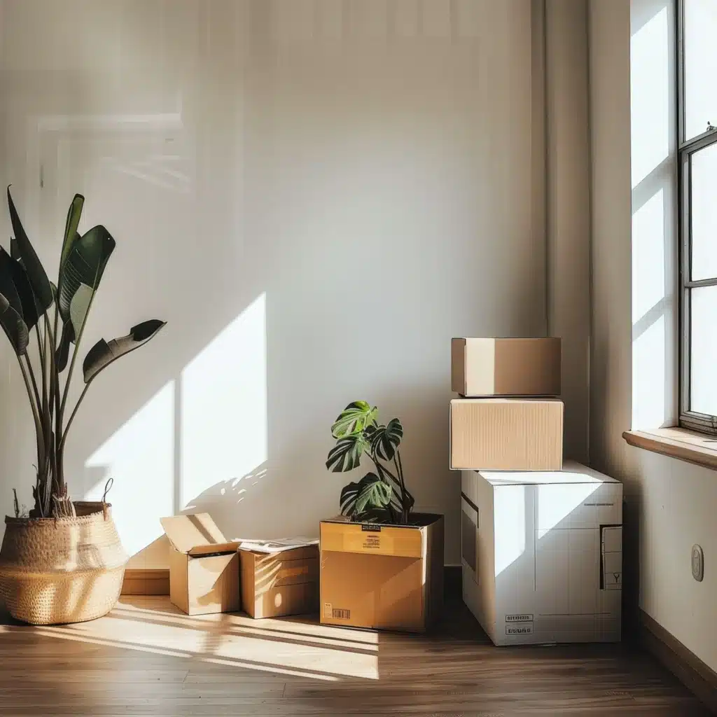 Cartons de déménagement empilés dans une pièce lumineuse, prêts pour un déménagement particulier organisé et efficace.