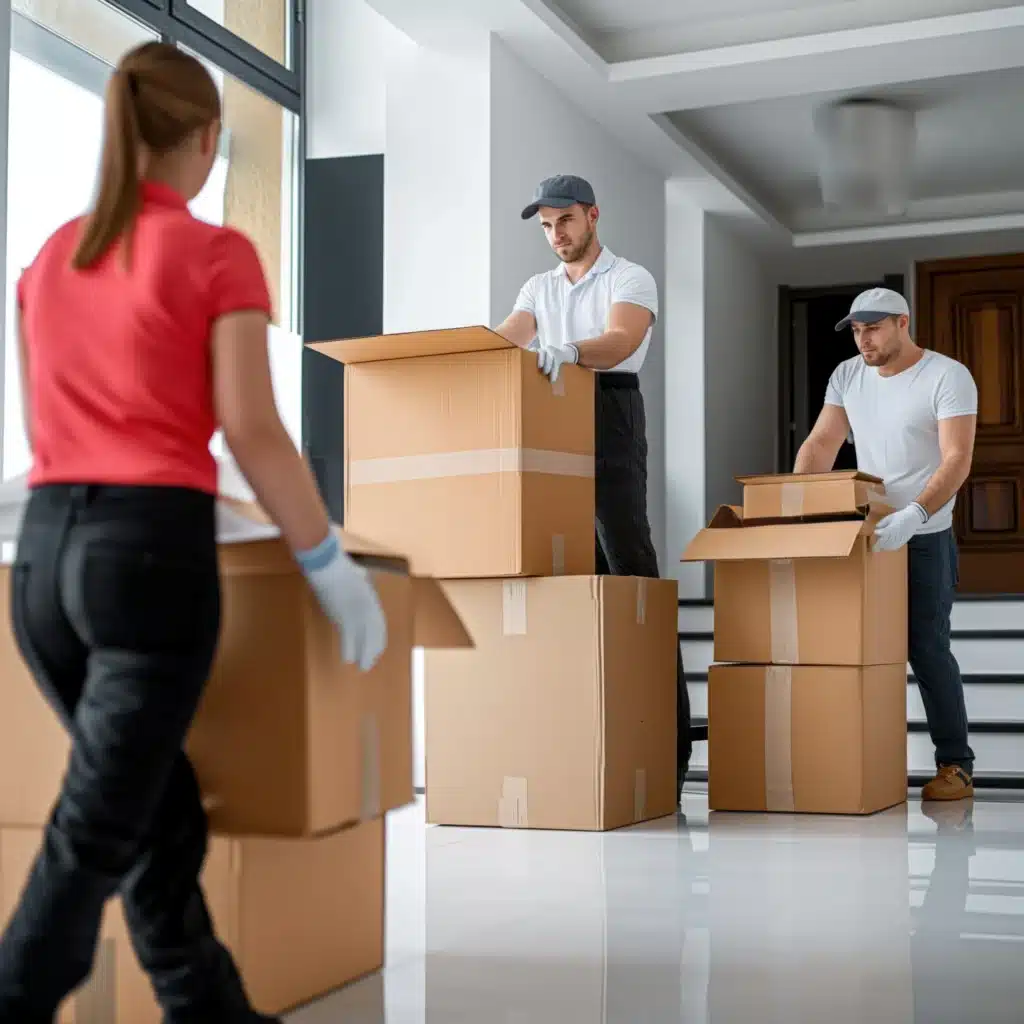 Équipe de déménageurs en train de préparer et transporter des cartons dans un logement, garantissant un déménagement particulier efficace et sans stress.