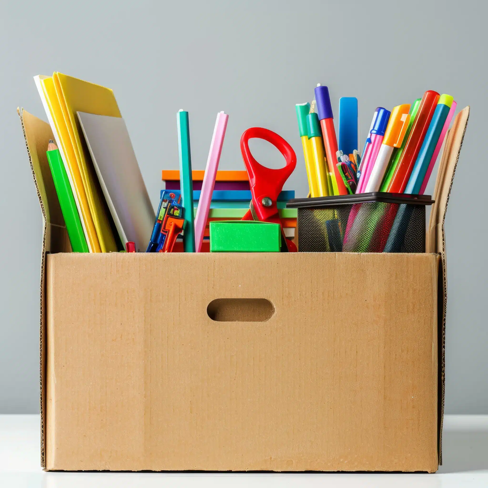 Un carton rempli de fournitures de bureau colorées, symbolisant la préparation d’un déménagement professionnel ou une mutation.