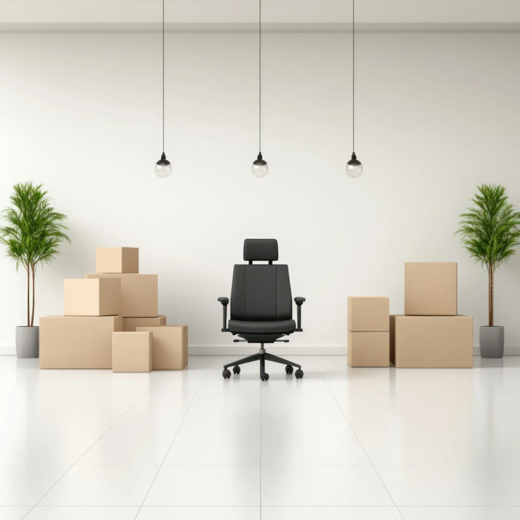 Un bureau minimaliste avec des cartons empilés, évoquant un déménagement professionnel bien organisé.

