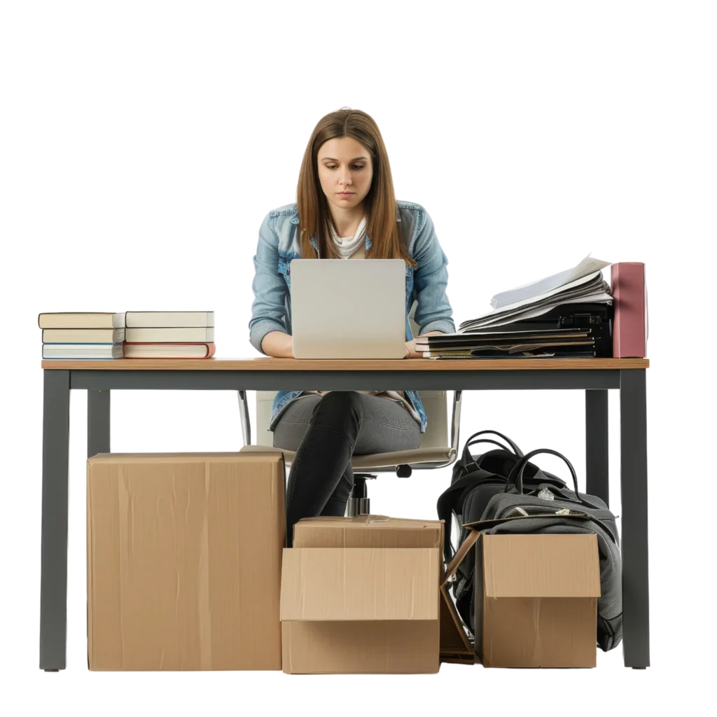demenagement-professionnel-illustration-demenagement-bureau Une femme installée à un bureau avec des cartons autour d’elle, représentant un déménagement professionnel en cours.