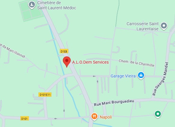 Carte de Saint-Laurent-Médoc avec A.L.O.Dem Services (marqueur rouge), Cimetière, Carrosserie Saint Laurentaise, Garage Vieira, Napoli, routes D1E8, D101.