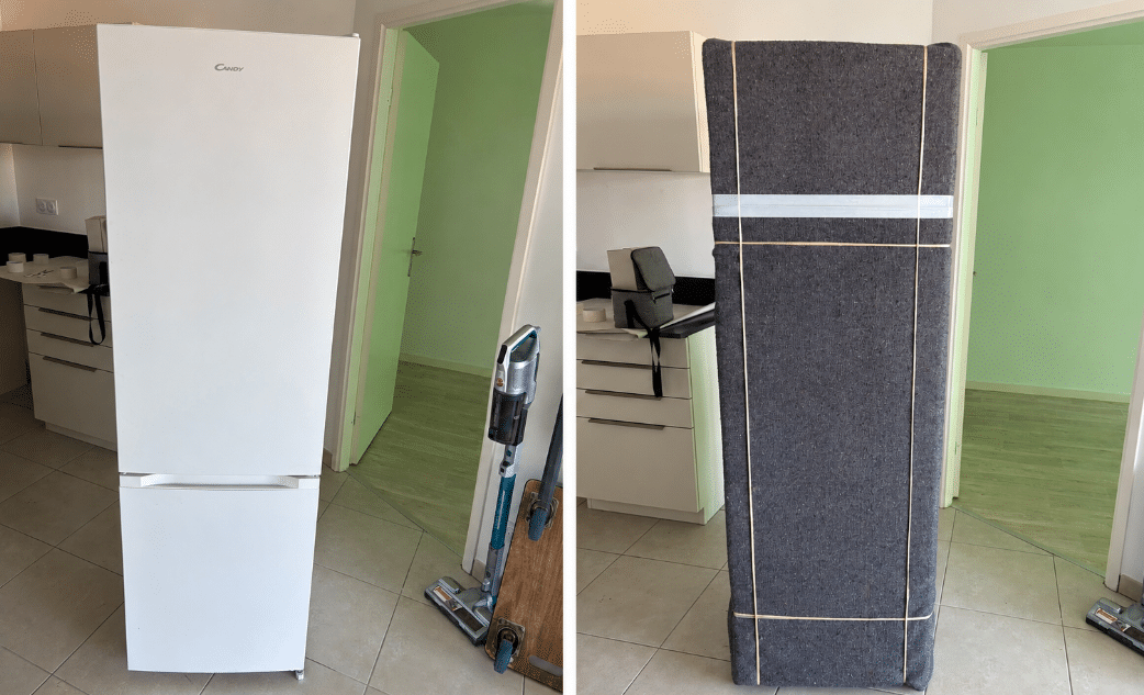 Réfrigérateur Candy blanc avant et après protection avec couverture grise pour un déménagement sécurisé.